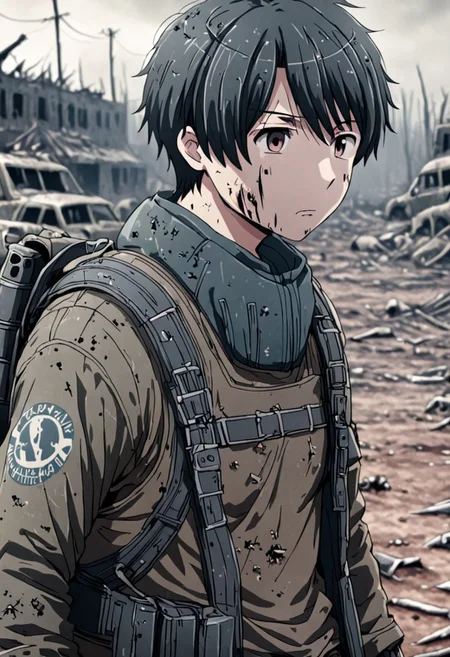 high resolution, solo, best quality, 1Boy, Inaho Kaizuka, Black Hair, shallow depth of field, Post-Apocalyptic, survival, OverallDetail