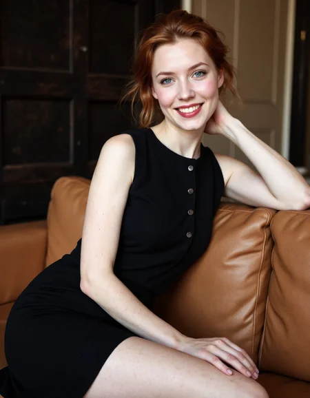 A warm and authentic portrait captured by Ellen von Unwerth, showcasing a joyful and confident woman seated in a cozy, modern environment. The image highlights a natural, relaxed demeanor paired with a stylish yet understated aesthetic, exuding charm and approachability. **Subject Description:** The subject is a vibrant woman with auburn-red hair styled in a neat updo, accented by soft, wispy bangs framing her face. Her warm, radiant smile is the focal point of the image, conveying positivity and ease.