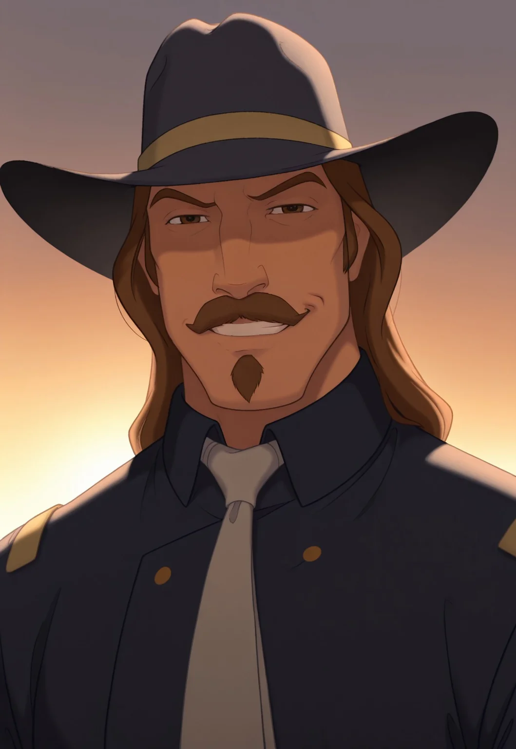 solo, masterpiece, detailed, ultra hd, best quality, 1boy, male, official art, w0lfc0nf, modern, new, masculine face, daddy looking face

SpiritColonel, brown hair, long hair, mustache, goatee, hat, necktie, uniform, looking at viewer, happy, friendly, smiling, sunrise