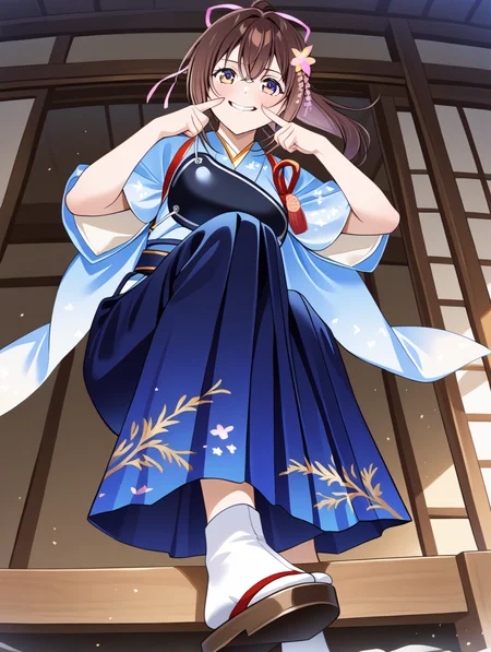 perfect quality,best quality,absolutely eye-catching,ambient occlusion,raytracing BREAK
1girl,<lora:houkyuu IL v1.1:0.8>,houkyuu,brown hair,ponytail,hair ornament,blue japanese clothes,blue print hakama,wide sleeves,muneate,flower,wide sleeves,solo,zouri,tabi,from below,fingersmile,