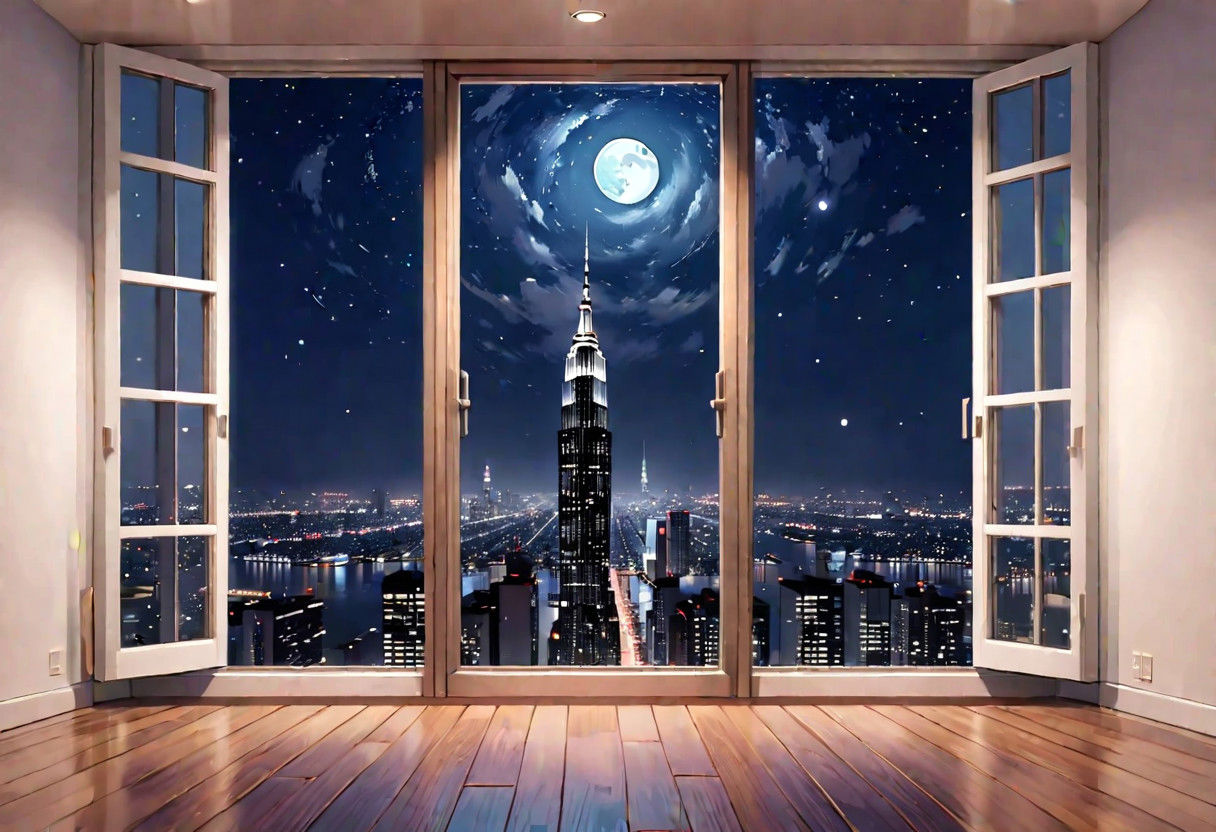 ((((front view)))), Shallow scene, ((animation style)), (((City high-rise building scenery))), ((((City scenery outside the window)))), ((sense of mystery)), (night), starry sky, moonlight, (weak light), (Facing the window), (open window), modern-style interior, Wooden floor, with white walls, (large windows), a living room, sofa and coffee table by the window sill,  (((Sofa placed horizontally))), (Behind the sofa is the window sill),