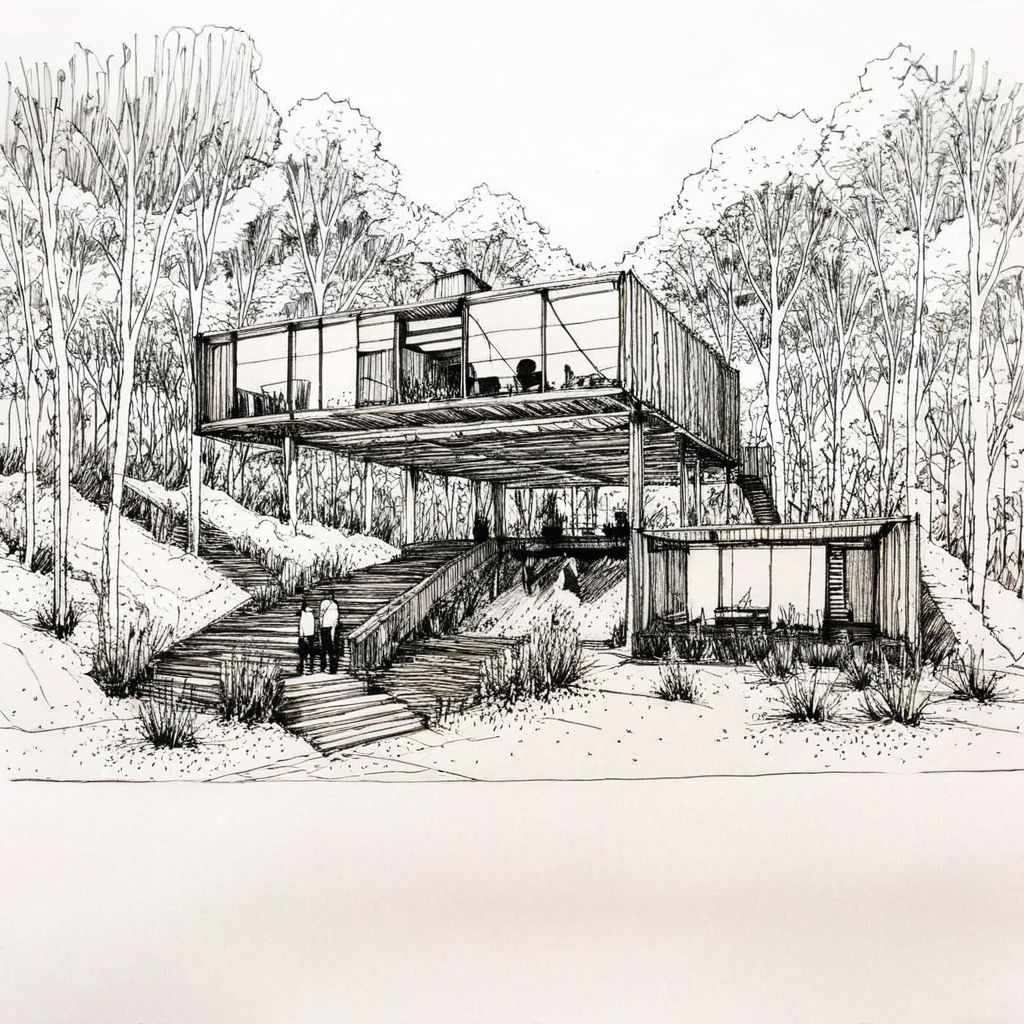Architecture sketch, Minimalist style villa made from shipping containers with a winter garden and a glass gallery.a, heavy black lines on white paper, trees, two people enjoying, <lora:HandSketcher-XL:0.7>  <lora:xl_more_art-full_v1:0.5>