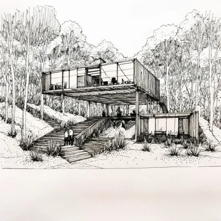 Architecture sketch, Minimalist style villa made from shipping containers with a winter garden and a glass gallery.a, heavy black lines on white paper, trees, two people enjoying, <lora:HandSketcher-XL:0.7>  <lora:xl_more_art-full_v1:0.5>
