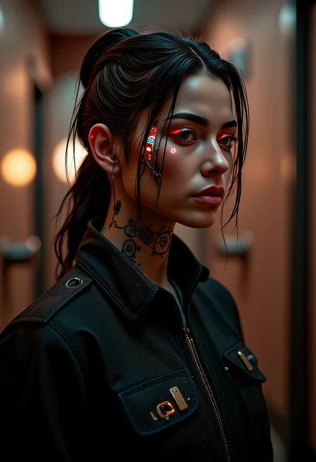 (cybersexuality android) with young latina woman face, wearing nano-weave utility jumpsuit, cybernetic Holographic tattoos emitting radiant etchings into neck tissue that display functions and shimmering PCB landscapes augments, Steampunk-inspired augments with brass gears and cogwheel motifs, weathered bronze finish mechanical_arms, legs, arms and mechanical_legs, set in public toilet, Powder Room, Luxurious space with elegant vanity counters, designer faucets, plush velvet seating, artisanal handcrafted wall art, and a cascading waterfall feature , at sunset <lora:BionicProsthetic_Eye_-_Warhammer_40000_Flux.safetensors:1.0>, a person with a crude bionic eye, <lora:flux/skin texture style v5.safetensors:1.0>, skin texture style, realism, detailed, <lora:flux/perfection style v2d.safetensors:1.0>, perfection style,