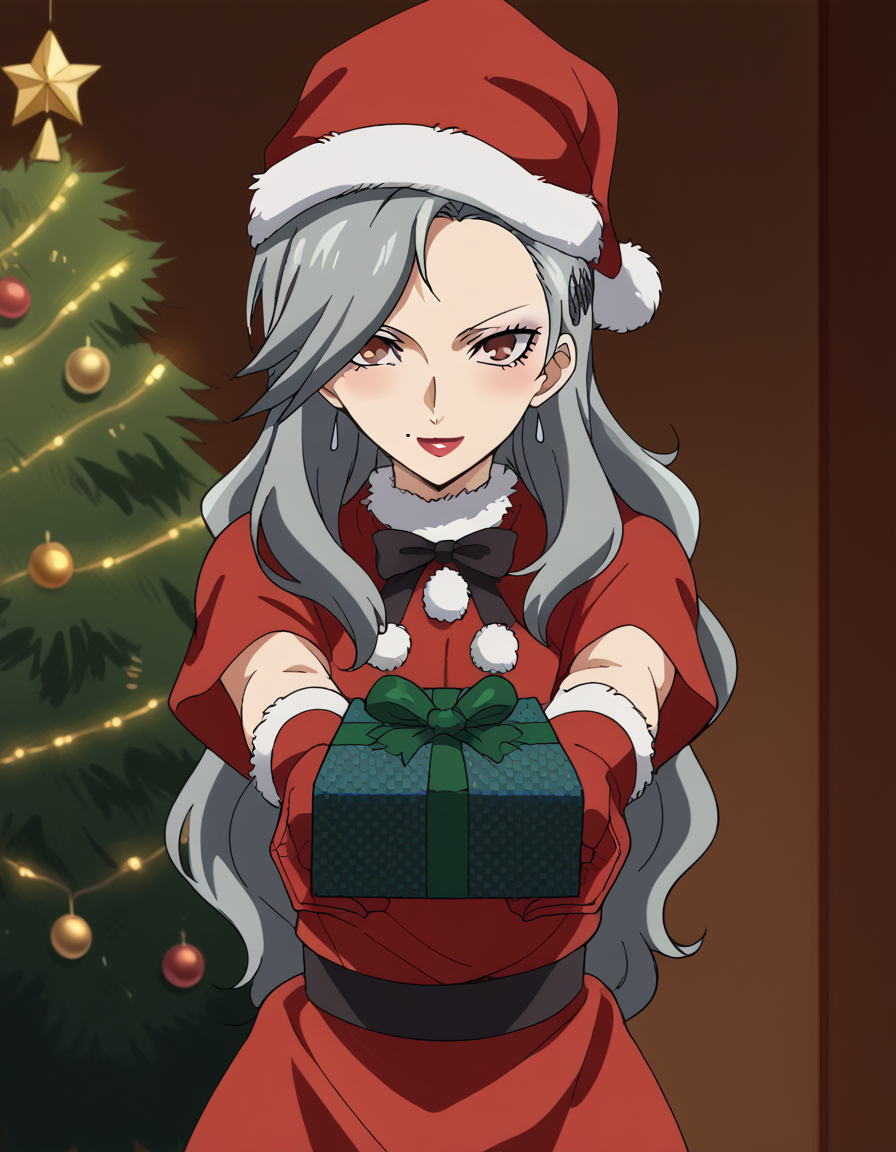 score_9, score_8_up, score_7_up, source_anime, <lora:sae-niijima-s1-ponyxl-lora-nochekaiser:1>, sae niijima, long hair, hair ornament, brown eyes, grey hair, makeup, lipstick, mole under mouth, red lips, medium breasts, mature female, anime screencap, <lora:santa-costume-ponyxl-lora-nochekaiser:1>, santa costume, santa hat, christmas, sack, merry christmas, gift, fur-trimmed headwear, holding sack, santa dress, fur-trimmed dress, christmas tree, christmas tree, fur trim, red capelet, gift box, red gloves, fur-trimmed capelet, santa gloves, red hat, hat,, smile, blush, looking at viewer, <lora:incoming-gift-ponyxl-lora-nochekaiser:1>, incoming gift, outstretched arms, holding, holding gift, gift, gift box,, , dutch angle, cowboy shot