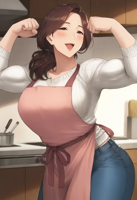 masterpiece, best quality, very aesthetic, 1girl, solo, mature female, <lora:soffa_n11:1> brown hair, housewife, white sweater, long sleeves, sweater, pink apron, jeans, tied hair, flexing, blush, happy, kitchen