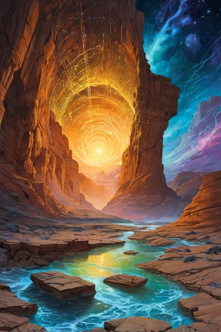 Landscape,Landscape creator,portal \(object\)to other world, A canyon carved from fossilized music notes riverbeds of powdered starlight, comets dragging liquid light trails, Infestations of corrupted daisies rewriting local physics, bi-monthly algae blooms painting seas neon, electrostorms weaving lace patterns in the sky, Art painting by Eddie Mendoza and Jim Lee , ,,
<lora:extremely_detailed:0.7> extremely detailed ,
<lora:add-detail-xl:0.7>,
<lora:softdigital2x2:0.15>,
<lora:EpicF4nta5yXL:0.3>,, Magic realism painting art style, surreal compositions, vibrant colors, blurs the line between reality and fantasy