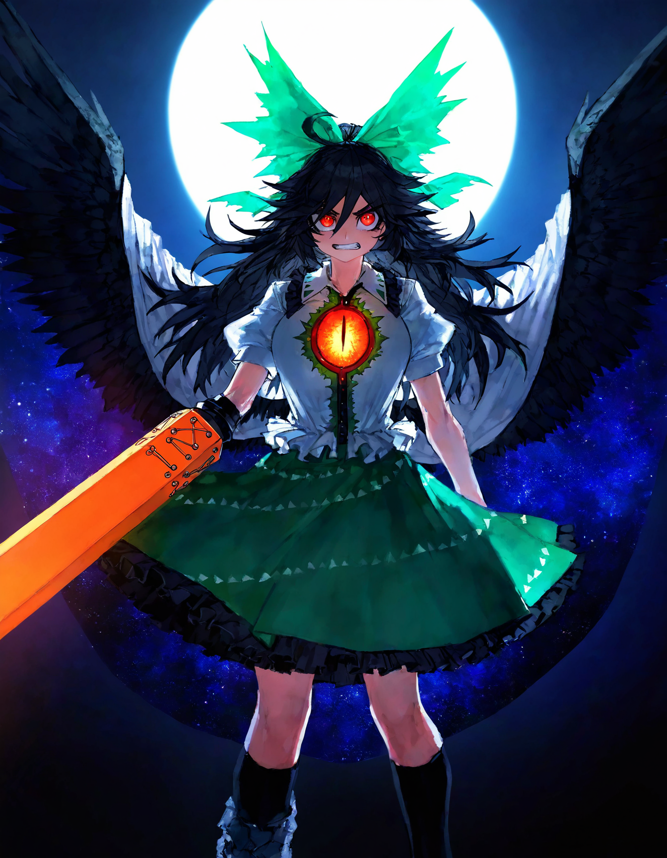 touhou, reiuji_utsuho,1girl,arm_cannon,black_footwear,black_hair,black_socks, black_wings ,bow, cape, clenched_teeth ,control_rod_(touhou), feathered_wings, glowing, glowing_eyes, green_bow ,green_skirt ,hair_bow ,kneehighs, long_hair, looking_at_viewer ,red_eyes ,shirt ,skirt ,socks, solo ,starry_sky_print, sun ,teeth ,third_eye, white_shirt, wings, cowboy_shot, face focus,
(masterpiece, best quality, high quality, absurdres, highres, newest, very awa),(zyugoya:0.8),quasarcake:0.7, Fishine,
