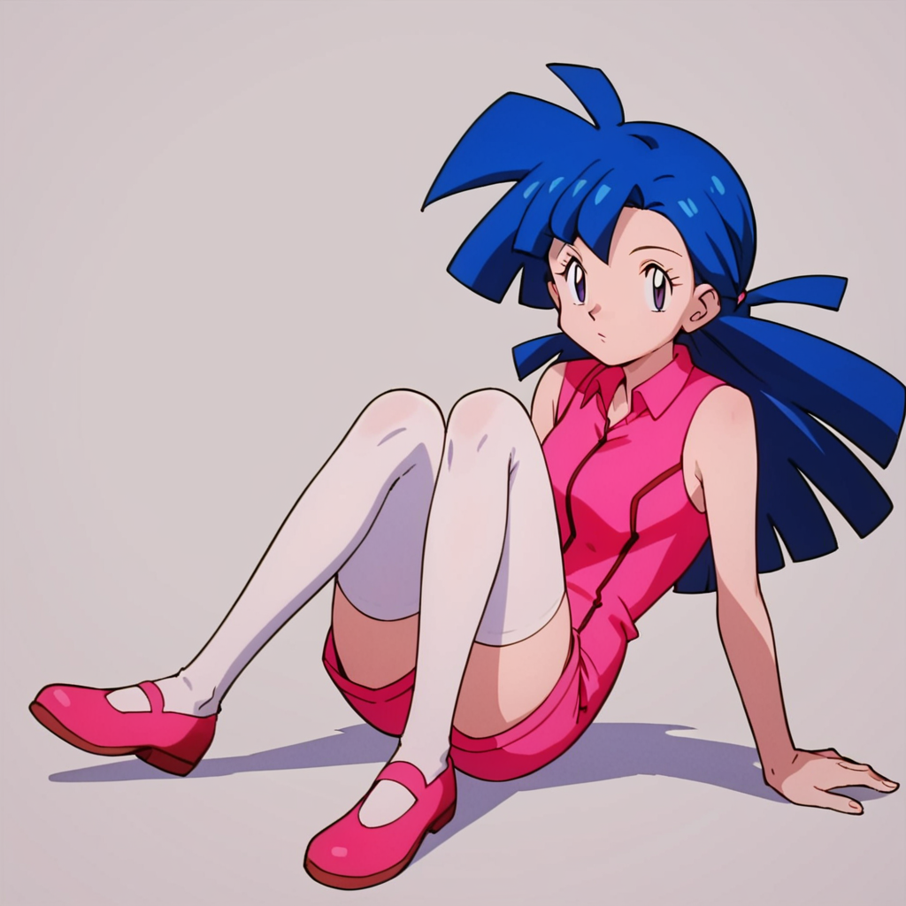 score_9, score_8_up, score_7_up, 1girl, solo, source_anime, pkmmarina, blue hair, pink bodysuit, zettai ryouiki, long hair, sleeveless, white thighhighs, <lora:Marina_-_Pokemon_anime:1>