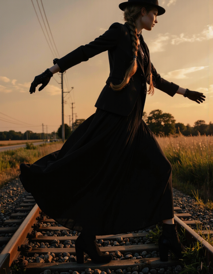 By Bruno Dayan. A photo-realistic shoot from a profile camera angle about a silhouette of a woman in a long black dress and hat walking on a railway track at sunset. the image also shows a grassy field in the background. on the middle of the image, a woman who appears to be in her mid-twenties, with a slender physique, wearing a black hat, long black skirt, and a black blazer, is walking away from the viewer with her arms outstretched. her hair is styled in a braided ponytail, and she is wearing black gloves. the woman's face is not visible, but her body is facing the viewer. the lighting is soft and warm, casting gentle shadows on her face and body.