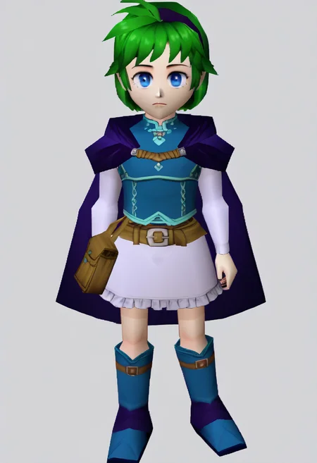 score_9, score_8_up, score_7_up, source_anime BREAK, 1girl, solo,
<lora:zs_N64ZeldaStyleXL:1> n64zeldastyle, 3d, polygonal, white background, full body
<lora:nino-fe-richy-v1_pdxl:1> ninodef, blue eyes, green hair, short hair, antenna hair, purple hairband, blue shirt, purple cloak, long sleeves, white sleeves, white skirt, brown belt, belt pouch, blue knee boots