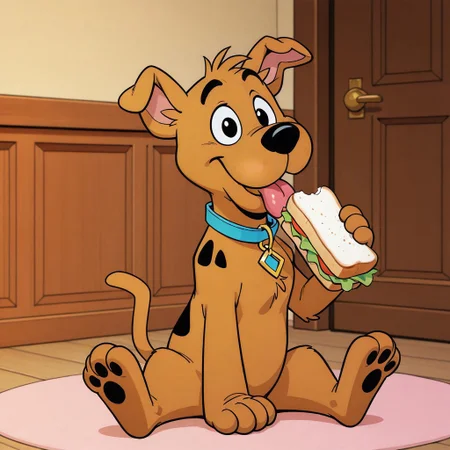 male, a pup named scooby-doo style, black eyes, puppy, no humans, tail, cute,  animal focus, black spot, animal, cartoon, black eyes, solo, cartoon, brown fur, blue collar, black nose, big eyes, tongue out, indoors, eating sandwich, closed eyes, mouth open, sitting, holding sandwish,
BREAK best quality, amazing quality, very aesthetic, absurdres, newest, masterpiece, mischievous,