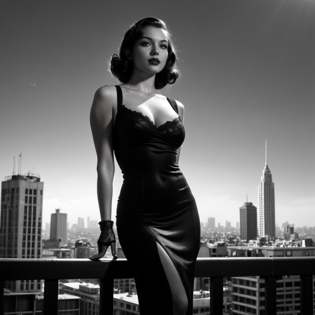 nstylev2, Film noir style, ultra realistic, ultra defined textures, monochrome, dynamic posing, 1950s style, on the rooftop of a high-rise, a curvy blond femme fatale,  her silhouette framed by the city skyline. She wears a skintight black dress slit high on her thigh, lace gloves. <lora:Noir-Style_FilmPhotography_V1_-_Pony-000010:0.7>