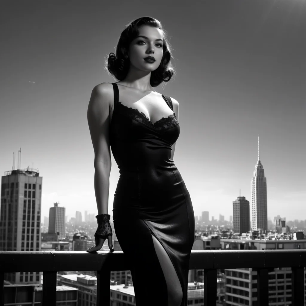 nstylev2, Film noir style, ultra realistic, ultra defined textures, monochrome, dynamic posing, 1950s style, on the rooftop of a high-rise, a curvy blond femme fatale, her silhouette framed by the city skyline. She wears a skintight black dress slit high on her thigh, lace gloves. <lora:Noir-Style_FilmPhotography_V1_-_Pony-000010:0.7>