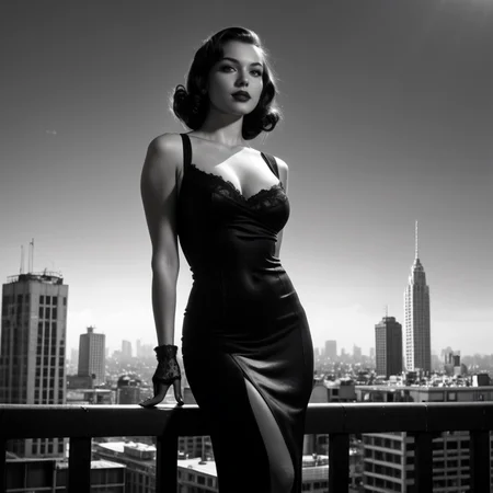 nstylev2, Film noir style, ultra realistic, ultra defined textures, monochrome, dynamic posing, 1950s style, on the rooftop of a high-rise, a curvy blond femme fatale, her silhouette framed by the city skyline. She wears a skintight black dress slit high on her thigh, lace gloves. <lora:Noir-Style_FilmPhotography_V1_-_Pony-000010:0.7>