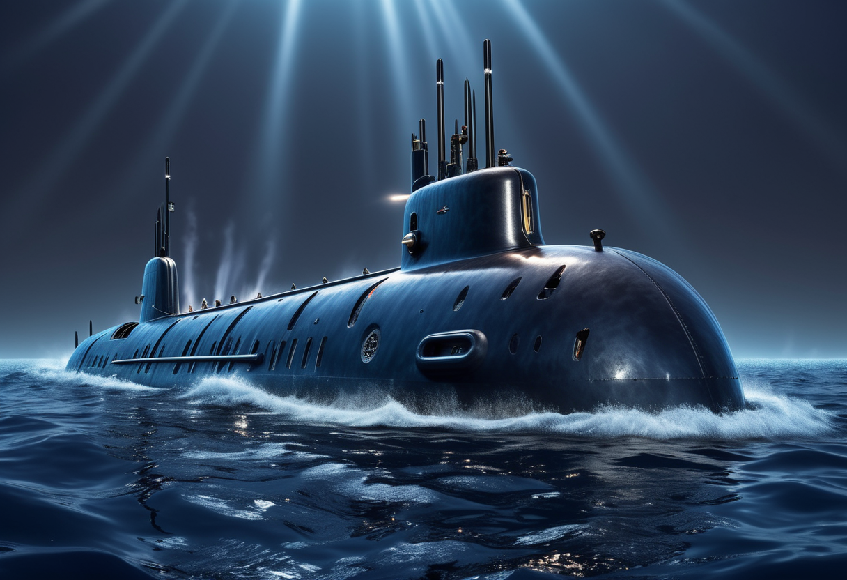 award winning, (professional photo) of (elegant minuscule navy-blue submarine) with titanium-alloy hull, diesel-electric engines, sleek hydrodynamic design,  crystal spires,  the submarine is navigating through  a volcanic seamount, with glowing lava, thermal activity, an energetic and fascinating underwater area , , creative, beautiful, vibrant, masterpiece, 64k, UHD, HDR, full view, atmospheric lighting, extremely detailed