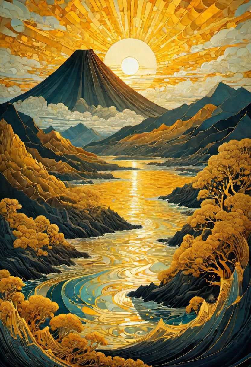 very beautiful insanely detailed image of glowing seascape volcano in golden spring". beautiful golden mountains, bright dark yellow ornate sun, by Victo_Ngai, Oleksandra Ekster, Malevich, Vladyslav Yerko and Alexander Jansson, Vladyslav Yerko! Very Complex perfect elegant composition! linen gesso acrylic paper, epic Dramatic lighting! Razor-sharp quality insanely detailed, deep colors realistic masterpiece<lora:xl_more_art-full_v1:0.5>