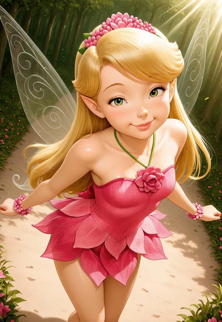 masterpiece,best quality, highly detailed, score_9, score_8_up, score_7_up, 1girl, solo, 2.5d, HDR, 8K, high contrast, amazing quality, very aesthetic, superabsurd res, high resolution, ultra-detailed, absurdres, newest, scenery, light rays, chiaroscuro, dynamic angle, foreshortening, dust particles, lighting, looking at viewer,

sexy, seductive expression, aroused, glossy skin, alluring face, cute, 

flower tiara, translucent wings, floral dress, pink dress, sweet pea (tinker bell), long hair, straight hair, fairy, flower bracelet, pointed ears, blonde hair