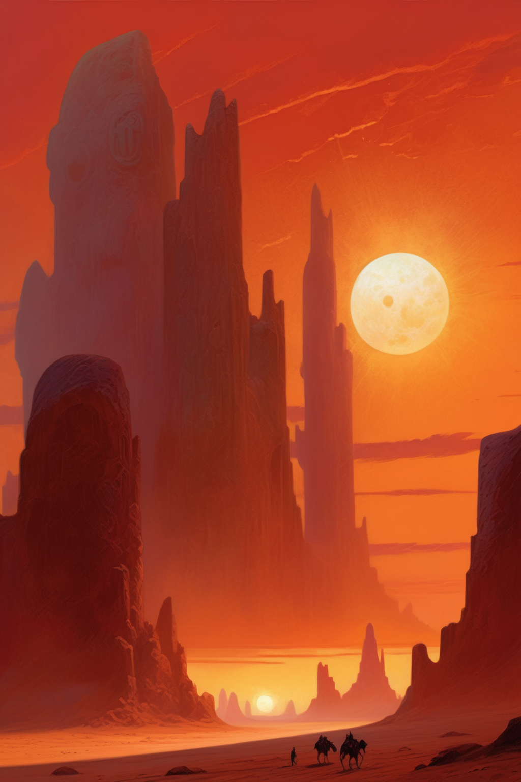 <lora:Noah Bradley Style:1>Noah Bradley Style - ancient fantasy temple in fantasy desert landscape with enormous rock formations, two moons in the sky and large sun on the horizon, art by brom, vintage dungeons and dragons art