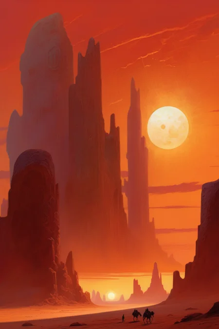 <lora:Noah Bradley Style:1>Noah Bradley Style - ancient fantasy temple in fantasy desert landscape with enormous rock formations, two moons in the sky and large sun on the horizon, art by brom, vintage dungeons and dragons art