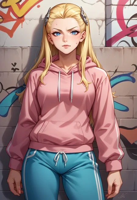 score_9, score_8_up, score_7_up, source_anime, 1girl, solo, louisasmtj, long hair, blonde hair, blue eyes, hairclip, urban and street style, graffiti-inspired colors, cool and edgy attire, sweatpants, hoodie, stylish sneakers, fashionable accessories, hip hop jewelry, confident expression, graffiti walls, energetic and vibrant atmosphere, <lora:zs_LouisaXL:1>
