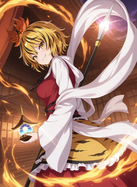 absurdres, highres, masterpiece, best quality, amazing quality, official anime artwork, screencap, anime screencap, looking at viewer, evil smile, 
 <lora:Shou-Toramaru_Illustrious:1> toramaru shou, 1girl, solo, two-tone hair, blonde hair, black hair, yellow eyes, short hair, streaked hair,, hair ornament, red dress, white sleeves, long sleeves, wide sleeves, red skirt, tiger print, white pants, shawl, 
light particles, eastern architecture, sparkle, glowing, bishamonten's spear, bishamonten's pagoda,