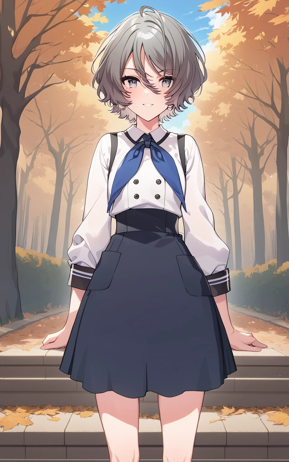1girl, azusa\(since memories\), solo, standing, smile, autumn, trees, outdoors, day, looking at viewer, masterpiece, best quality <lora:azusa_v1_2-000007:1>