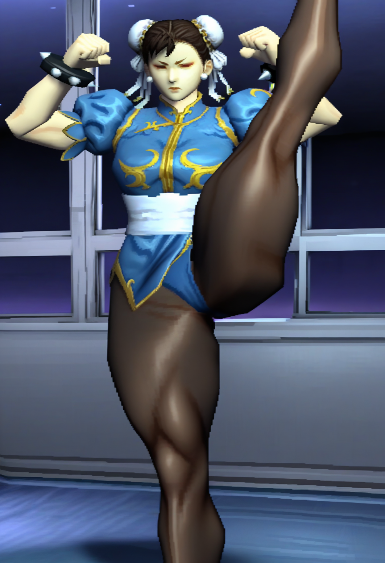<lora:mgs1_style:1>, 3d, mgs1_style, chun-li,1girl, solo, no eyes,
black pantyhose, puffy sleeves,
fighting stance, standing on one leg, clenched hands, leg up,
BREAK indoors, window, night sky, dark background,