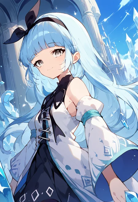 score_9,score_8_up,score_7_up,source_anime,zPDXL3,fantasy,castle,architecture,upper body,blue sky, 
*//*,<lora:ArchMageIL_Pony:1>,archmage_il,1girl,solo,blue hair,long hair,blunt bangs,grey eyes,detached sleeves,white sleeves,white thighhighs,white dress,long sleeves,wide sleeves,bare shoulders,black ribbon,black hairband,black bow,crystal,floating object,light smile,
*//*,looking at viewer,cowboy shot,dutch angle,