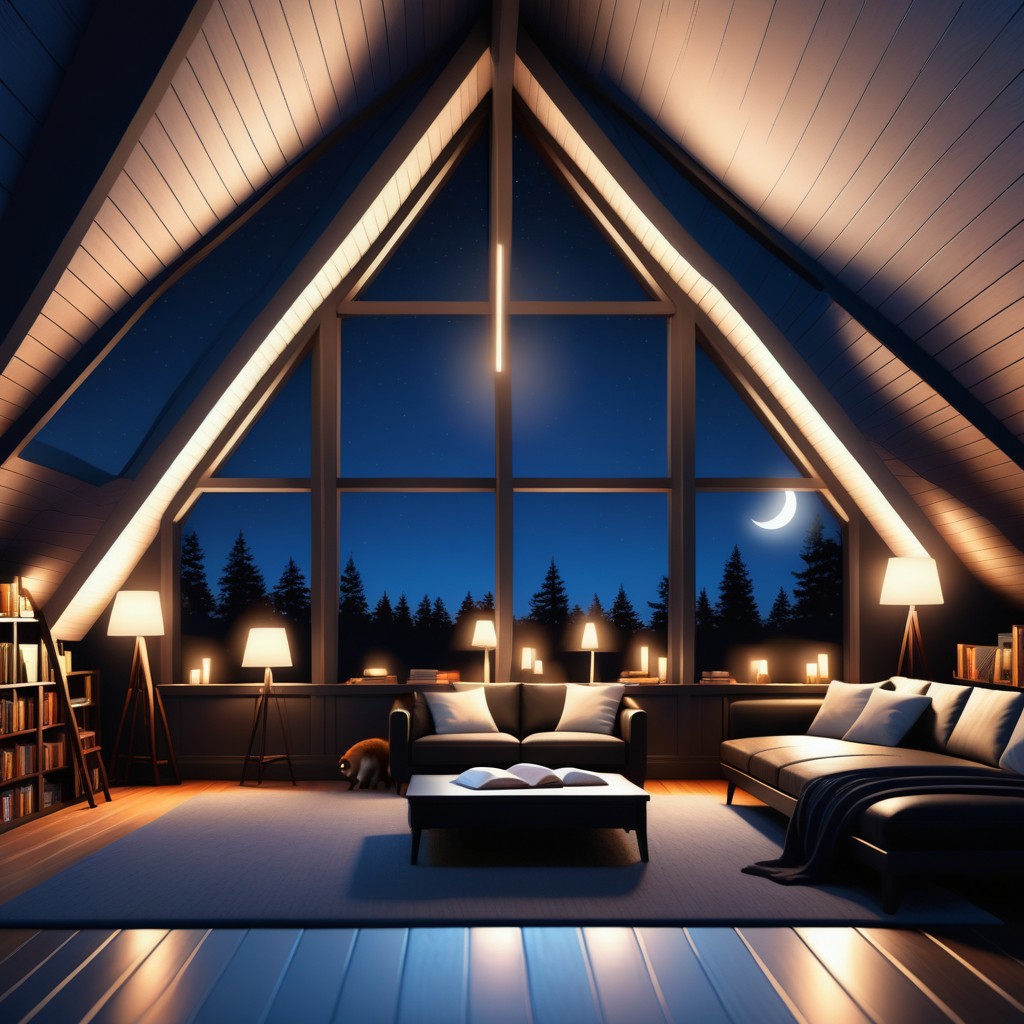 a Jed-Modern Attic , nightsky, masterpiece, full of details,ambient light, lamp lights, black bear rug, bookshelves, leather sofas, loft bed, photorealistic, sharp and in focus  <lora:ModernInteriorSDXL:0.7>