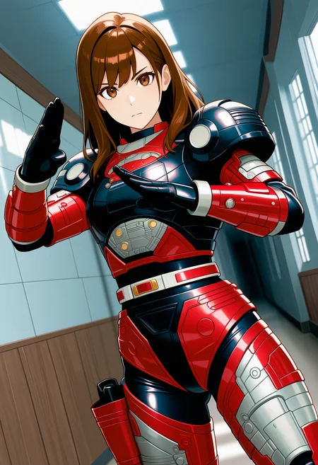 1girl, solo, R3ddle, armor, bodysuit, shoulder pad, gloves, belt, holster, brown hair, brown eyes, cowboy shot, dutch angle, looking at viewer, shiny clothes, fighting stance,
indoors, hallway, metal wall,
best quality, very aesthetic, masterpiece,