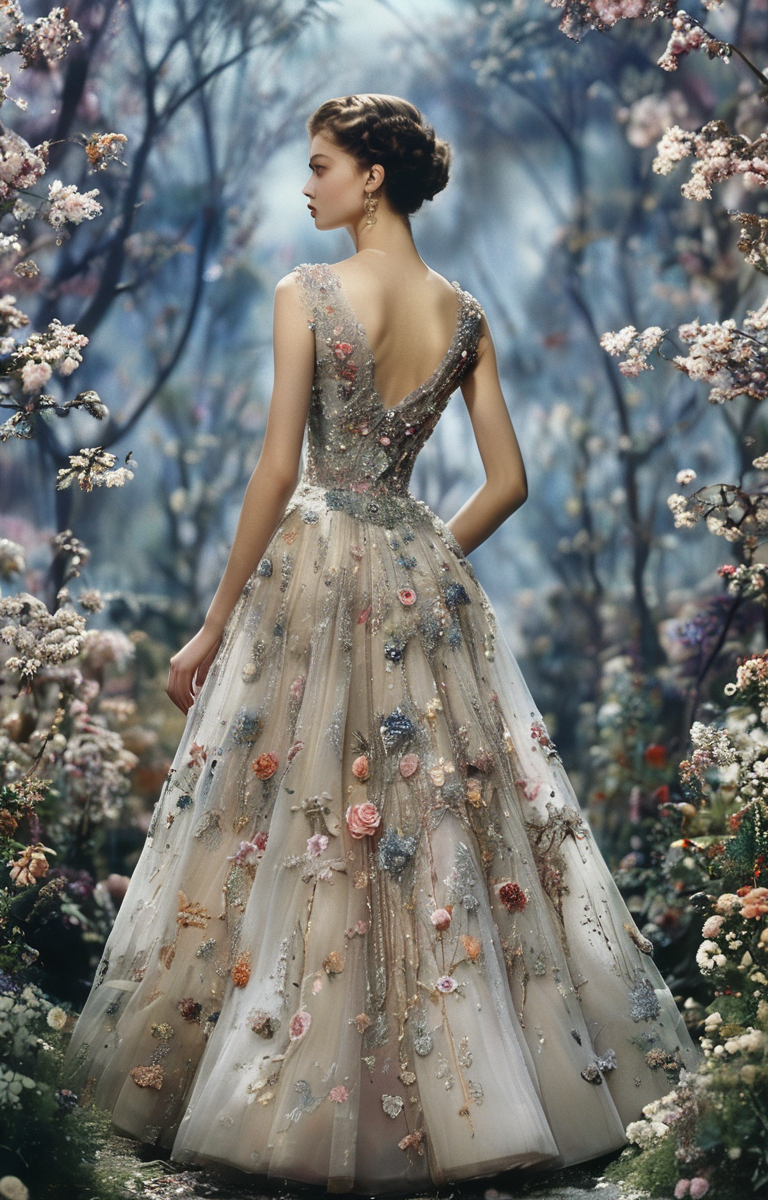 masterpiece,best quality,<lora:tbh322-sdxl:0.9>,illustration,style of Christian Dior Ethereal Dior haute couture dress, delicate embroidery, sheer fabrics, dreamy garden backdrop