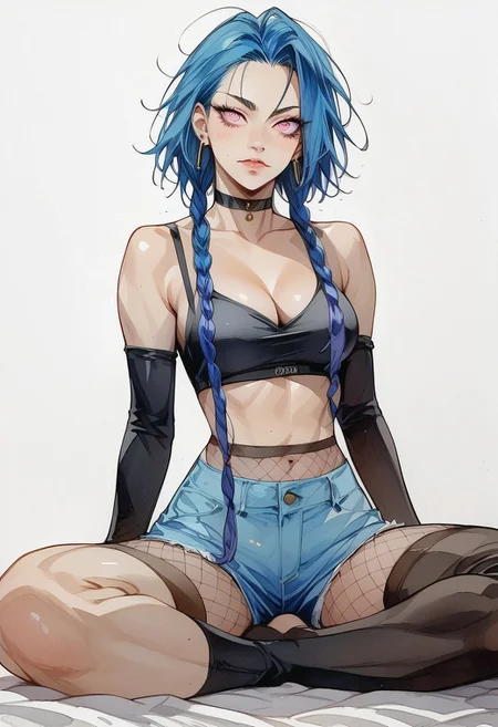 (score_9, score_8_up, score_7_up), melkor_style, score_9, score_8_up, score_7_up, score_6_up, score_5_up, score_4_up, source_anime, source_One_punch_man, high detailed, high quality, masterpiece, 1girl, solo, marle barrock, Noah Austin, jinx, blue hair, long hair, twin braids, bare shoulders, pink eyes, hourglass body, navel, fitness girl, slender body, wide hips, thick thighs, slim waist, thin arms, solo, cleavage, earrings, wearing ( jewelry, choker, black elbow gloves, blakc sport bra, denim shorts, fishnet pantyhose, fine fabric emphasis ,wearing edgS&F, black thighhighs, black toeless socks), medium breasts, cleavage, choker, looking at viewer, blush, looking at viewer, watercolor \(medium\), traditional media, simple background, white background, wariza sitting. Hide
Hide