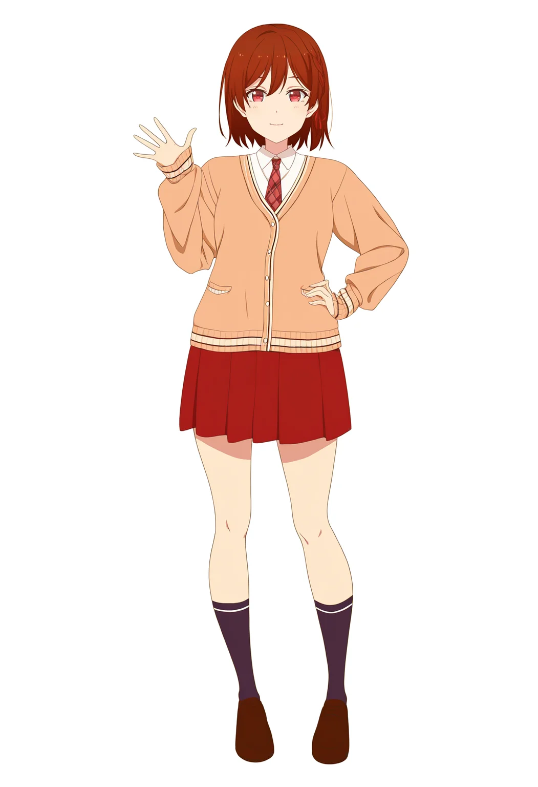 1girl,solo,
short hair, brown hair, side braid, red eyes, hair ribbon, looking at viewer,
waving, light smile,
school uniform, white shirt, red necktie, plaid necktie, collared shirt, brown cardigan, pleated skirt, red skirt, grey socks, loafers, full body, hand on hip,
masterpiece, best quality, newest, highres, absurdres, highres, <lora:sakuramori_akane:1>