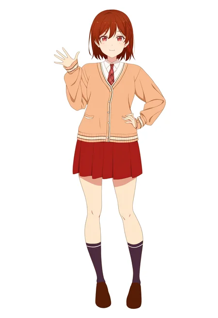 1girl,solo,
short hair, brown hair, side braid, red eyes, hair ribbon, looking at viewer,
waving, light smile,
school uniform, white shirt, red necktie, plaid necktie, collared shirt, brown cardigan, pleated skirt, red skirt, grey socks, loafers, full body, hand on hip,
masterpiece, best quality, newest, highres, absurdres, highres, <lora:sakuramori_akane:1>