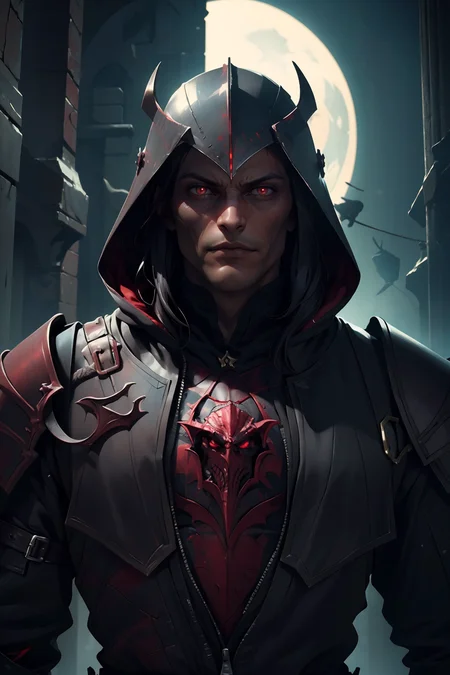 (masterpiece, best quality, highres, high resolution:1.2), extremely detailed, realistic, intricate details, 1boy, solo, looking at viewer,  <lora:strahd_v10:0.8> Strahd von Zarovich, vampire, long hair, <lora:edgBerserkHoodies-000008:1> hoodie,edgBerserker, wearing edgBerserker_([armor|hoodie]::0.5), helmet,shoulder armor,red eyes glowing, (cinematic lighting, bloom, volumetric),