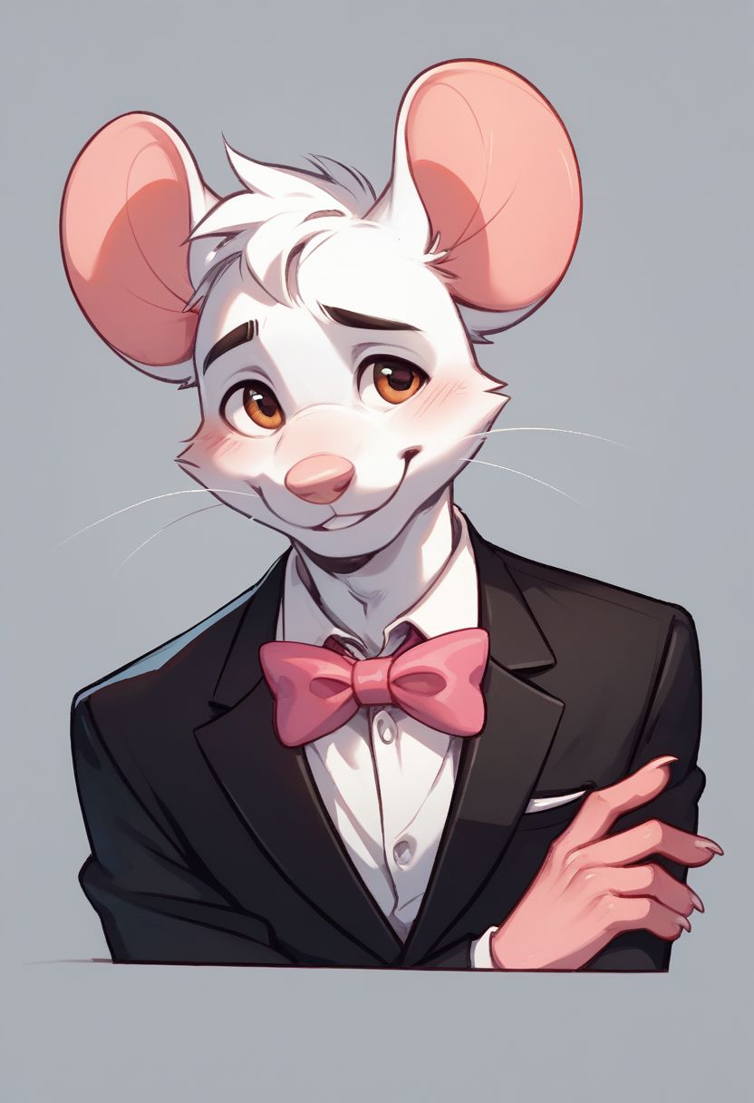 score_9, score_8_up, score_8, 1boy, anthro mouse, brown eyes, white fur, elliot, smooth, smiling, shy look, Black suit, white shirt, pink bow tie, portrait, posing