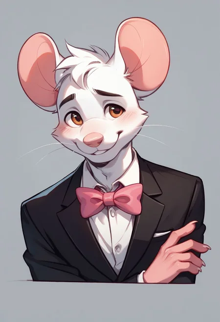 score_9, score_8_up, score_8, 1boy, anthro mouse, brown eyes, white fur, elliot, smooth, smiling, shy look, Black suit, white shirt, pink bow tie, portrait, posing
