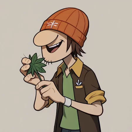 score_9, score_8_up, score_7_up BREAK WadeKB, 1boy, brown hair, orange beanie, no eyes, eyeless, open yellow-collared short-sleeved brown jacket, yellow rolled-up short sleeve, green undershirt, cowboy shot, happy, holding marijuana joint,