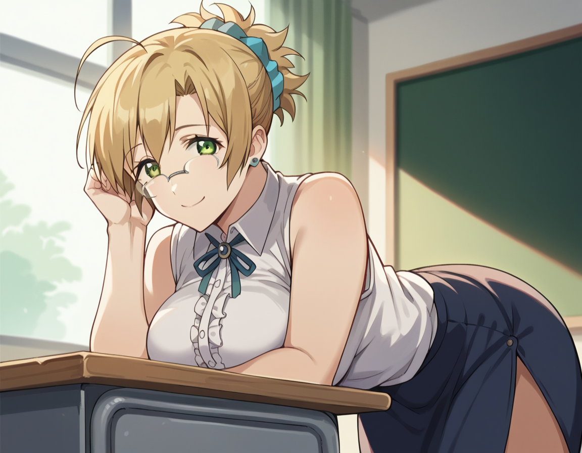score_9, score_8_up, score_7_up, source_anime, misakisensei, <lora:misaki-sensei-ova-ponyxl-lora-nochekaiser:1>, misaki, blonde hair, large breasts, green eyes, glasses, ahoge, short hair, scrunchie, hair scrunchie,, skirt, jewelry, earrings, teacher, skirt, sleeveless, collared shirt, frilled center, frills, ribbon, white shirt,, indoors, classroom, bent over, smile, looking at viewer, solo, cowboy shot, dutch angle