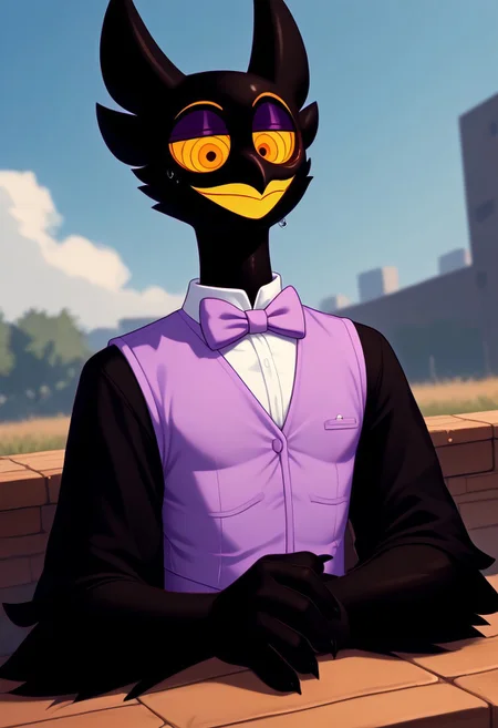 score_9, score_8_up, score_7_up, (by shinodage), outdoor, sexy, sweat, dutch angle, high quality, hires, solo, anthro, detailed background, detailed eyes, emotional, easynegative, Split Lighting style, pose
barnaby, avian, ghost, owl, spirit, black body, yellow eyes, long neck, feathers, vest, digitigrade, bow tie, purple clothing
