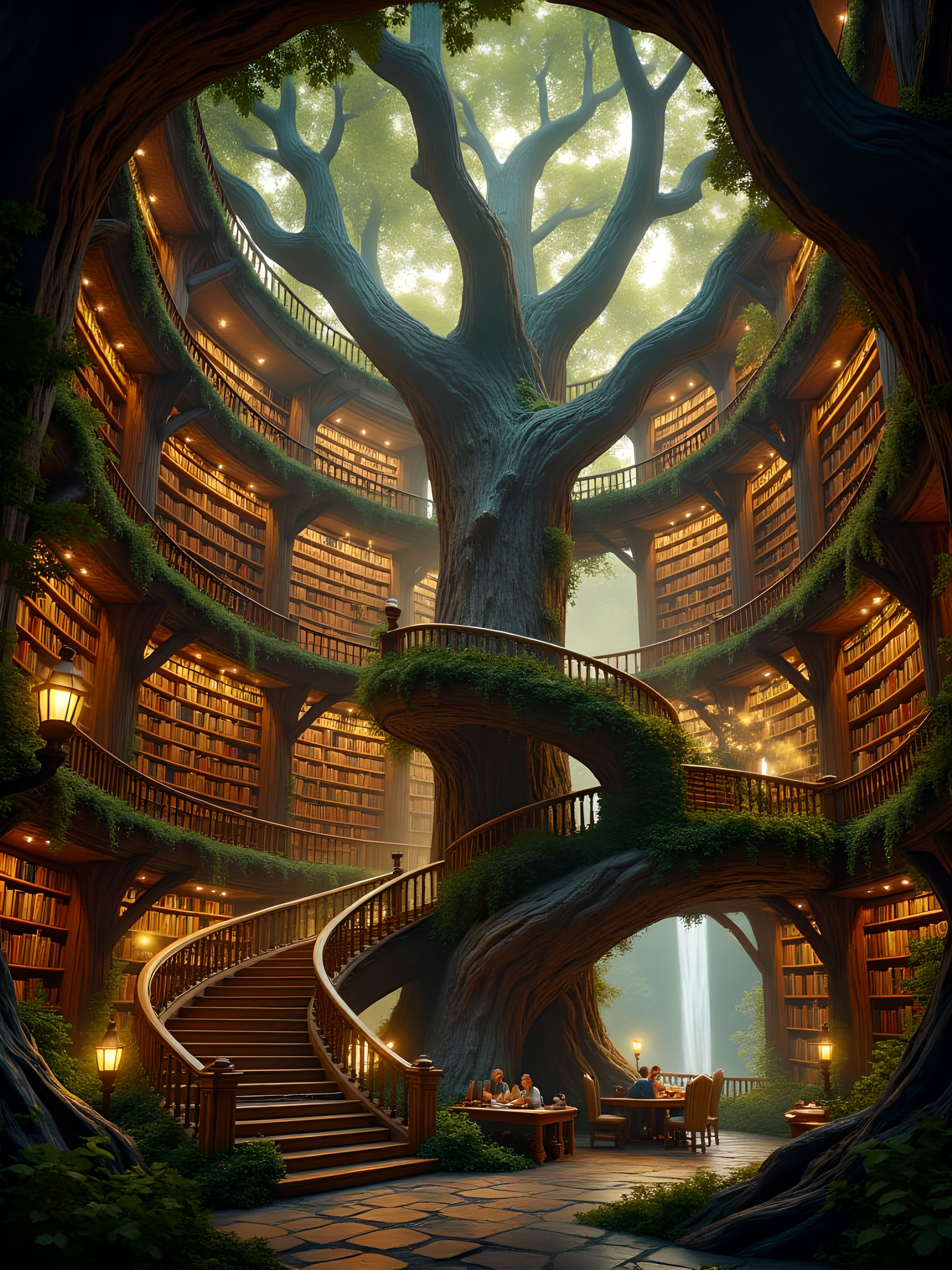 A colossal library built into the hollowed-out remains of an ancient tree stands illuminated by a warm golden light, surrounded by a misty, enchanted forest. The tree's trunk, impossibly wide, stretches hundreds of feet into the canopy, its bark engraved with runes and stories from forgotten civilizations. Each level of the library spirals upward like the rings of the tree itself, lined with countless shelves made of polished wood and filled with glowing tomes, each book emitting a faint aura of color—blue for wisdom, green for nature, red for history. A spiral staircase, intricately carved to resemble vines and roots, connects the levels, and bioluminescent moss climbs its rails, casting a gentle glow. Floating lanterns hover in midair, illuminating readers below who sit in chairs made of living branches, adjusting themselves to provide comfort. In the center of the library, a massive crystalline chandelier hangs, refracting light into a spectrum that dances across the walls and books. Outside, the forest hums with life as fireflies weave intricate constellations in the air, and distant waterfalls echo through the twilight. This serene sanctuary combines the wisdom of nature with the knowledge of ages, a place where the curious and the scholarly can lose themselves in both the magic of the natural world and the stories of time. aidmaimageupgrader, aidmaMJ6.1m, detailmaximizer, mythp0rt, ne0nfant4sy, drkfnts, hkmagic <lora:aidmaImageUpgrader-FLUX-V0.2:0.6> <lora:aidmaMJ6.1_aidmaMJ6.1-FLUX-v0.4:0.8> <lora:v1v1dr34m:0.66>