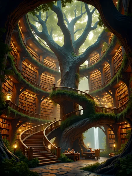 A colossal library built into the hollowed-out remains of an ancient tree stands illuminated by a warm golden light, surrounded by a misty, enchanted forest. The tree's trunk, impossibly wide, stretches hundreds of feet into the canopy, its bark engraved with runes and stories from forgotten civilizations. Each level of the library spirals upward like the rings of the tree itself, lined with countless shelves made of polished wood and filled with glowing tomes, each book emitting a faint aura of color—blue for wisdom, green for nature, red for history. A spiral staircase, intricately carved to resemble vines and roots, connects the levels, and bioluminescent moss climbs its rails, casting a gentle glow. Floating lanterns hover in midair, illuminating readers below who sit in chairs made of living branches, adjusting themselves to provide comfort. In the center of the library, a massive crystalline chandelier hangs, refracting light into a spectrum that dances across the walls and books. Outside, the forest hums with life as fireflies weave intricate constellations in the air, and distant waterfalls echo through the twilight. This serene sanctuary combines the wisdom of nature with the knowledge of ages, a place where the curious and the scholarly can lose themselves in both the magic of the natural world and the stories of time. aidmaimageupgrader, aidmaMJ6.1m, detailmaximizer, mythp0rt, ne0nfant4sy, drkfnts, hkmagic <lora:aidmaImageUpgrader-FLUX-V0.2:0.6> <lora:aidmaMJ6.1_aidmaMJ6.1-FLUX-v0.4:0.8> <lora:v1v1dr34m:0.66>
