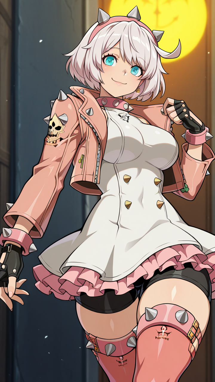 solo, smile,, masterpiece, best quality, amazing quality, very aesthetic, absurdres, newest, anime screencap, <lora:elpheltStriveILM:1>, elphelt valentine, guilty gear strive, blue eyes, bob cut, white hair, short hair, hair between eyes, large breasts, cleavage, ahoge, huge ahoge, spiked hairband, pink hairband, white dress, bike shorts, black shorts, black gloves, fingerless gloves, spiked bracelet, spiked collar, spiked jacket, pink jacket, open jacket, open clothes, cropped jacket, jewelry, pink collar, short dress, sleeveless dress, short shorts, shorts under dress, black shorts, spiked thighlet, thighs, pink boots, thigh boots, pink skirt, pink thighhighs,