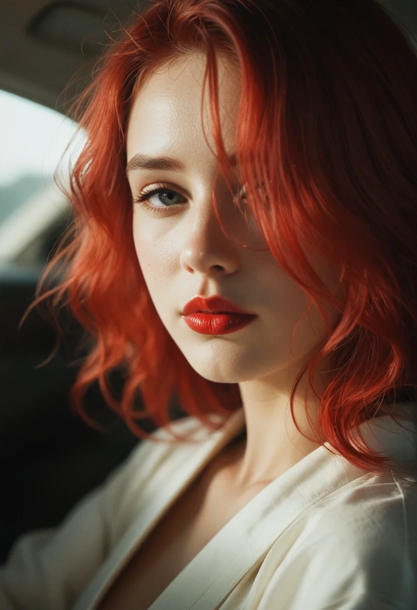 close up shot, 19yo woman, lipstick, hair waist-length red hair, bangs covering the left side of her face with a wavy mid-back length red hair strand resting on her left shoulder and her eyes are brown, kimono. shallow depth of field, vignette, highly detailed, high budget, bokeh, cinemascope, moody, epic, gorgeous, film grain, grainy，sad, sentimental, gloomy, 