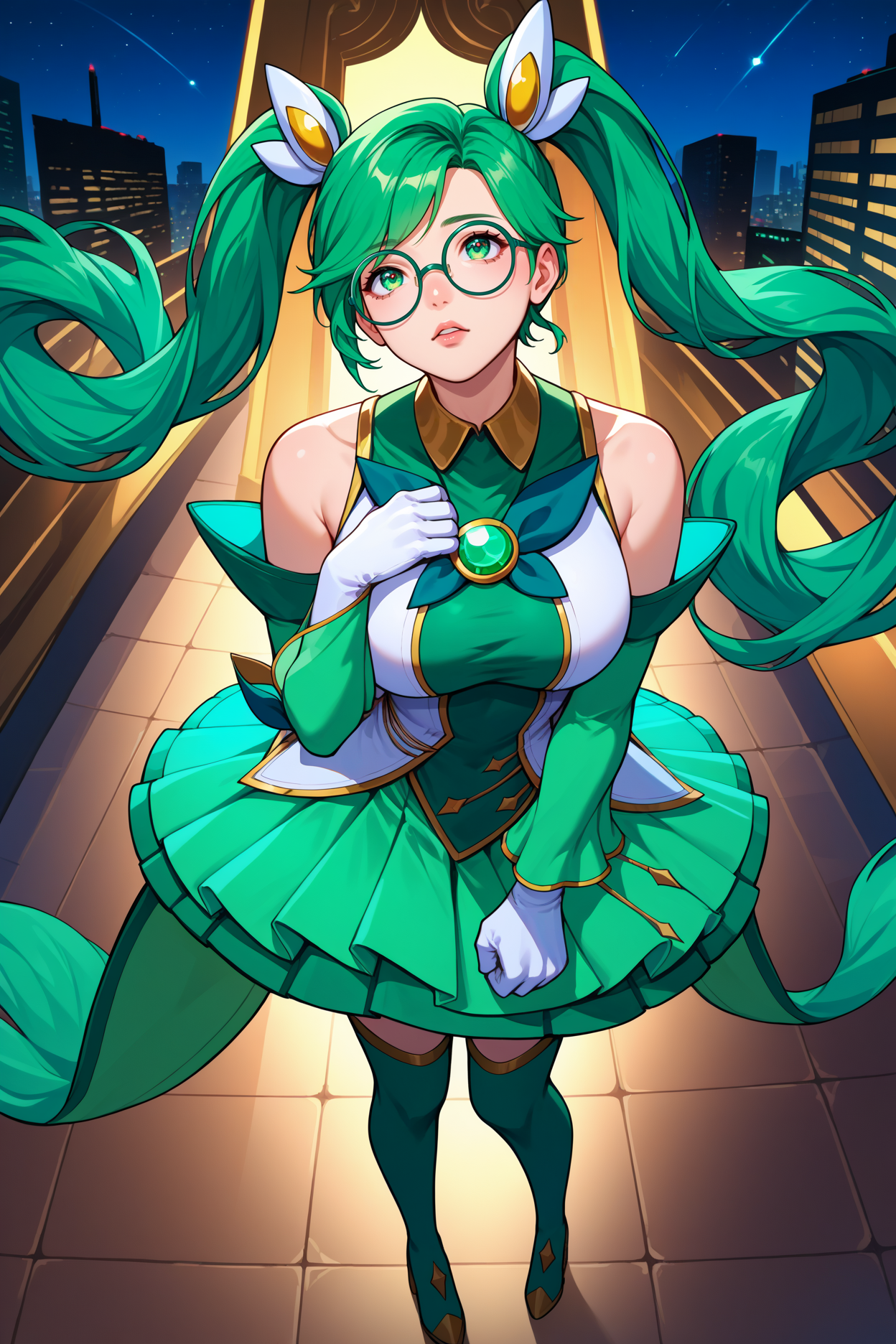 score_9, score_8_up, score_7_up, score_6_up, source_anime, 1girl, solo,  <lora:starguardiansona-pdxl-nvwls-v1-000005:1> stgdsna, twintails, green hair, long hair, green eyes, hair ornament, glasses, magical girl, white and green shirt, bare shoulders, detached sleeves, white gloves, green skirt, green thighhighs, large breasts, full body, looking up, hand to own chest, night sky, city, clenched hand, standing