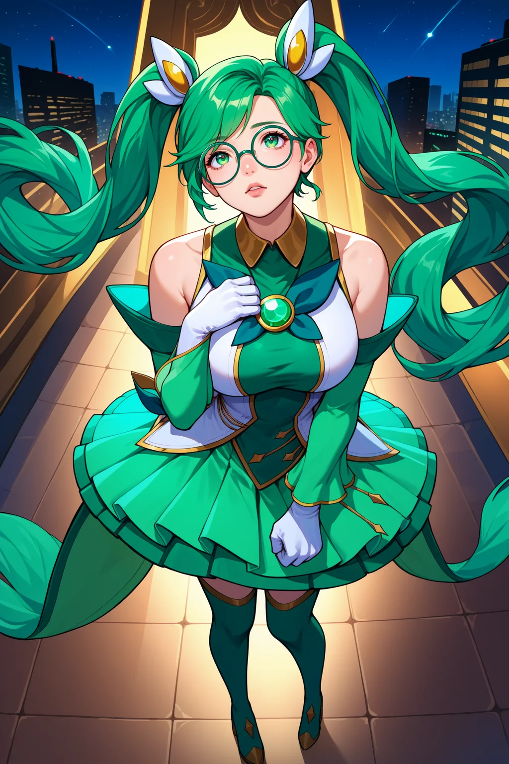 score_9, score_8_up, score_7_up, score_6_up, source_anime, 1girl, solo, <lora:starguardiansona-pdxl-nvwls-v1-000005:1> stgdsna, twintails, green hair, long hair, green eyes, hair ornament, glasses, magical girl, white and green shirt, bare shoulders, detached sleeves, white gloves, green skirt, green thighhighs, large breasts, full body, looking up, hand to own chest, night sky, city, clenched hand, standing