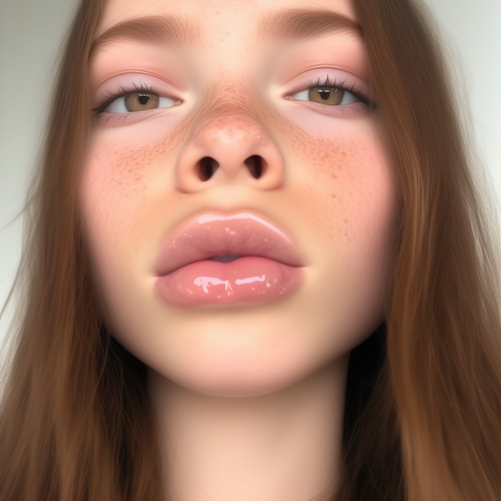 high quality image, lip gloss, lips, solo, pretty face, hazel eyes, long brown hair, freckles,