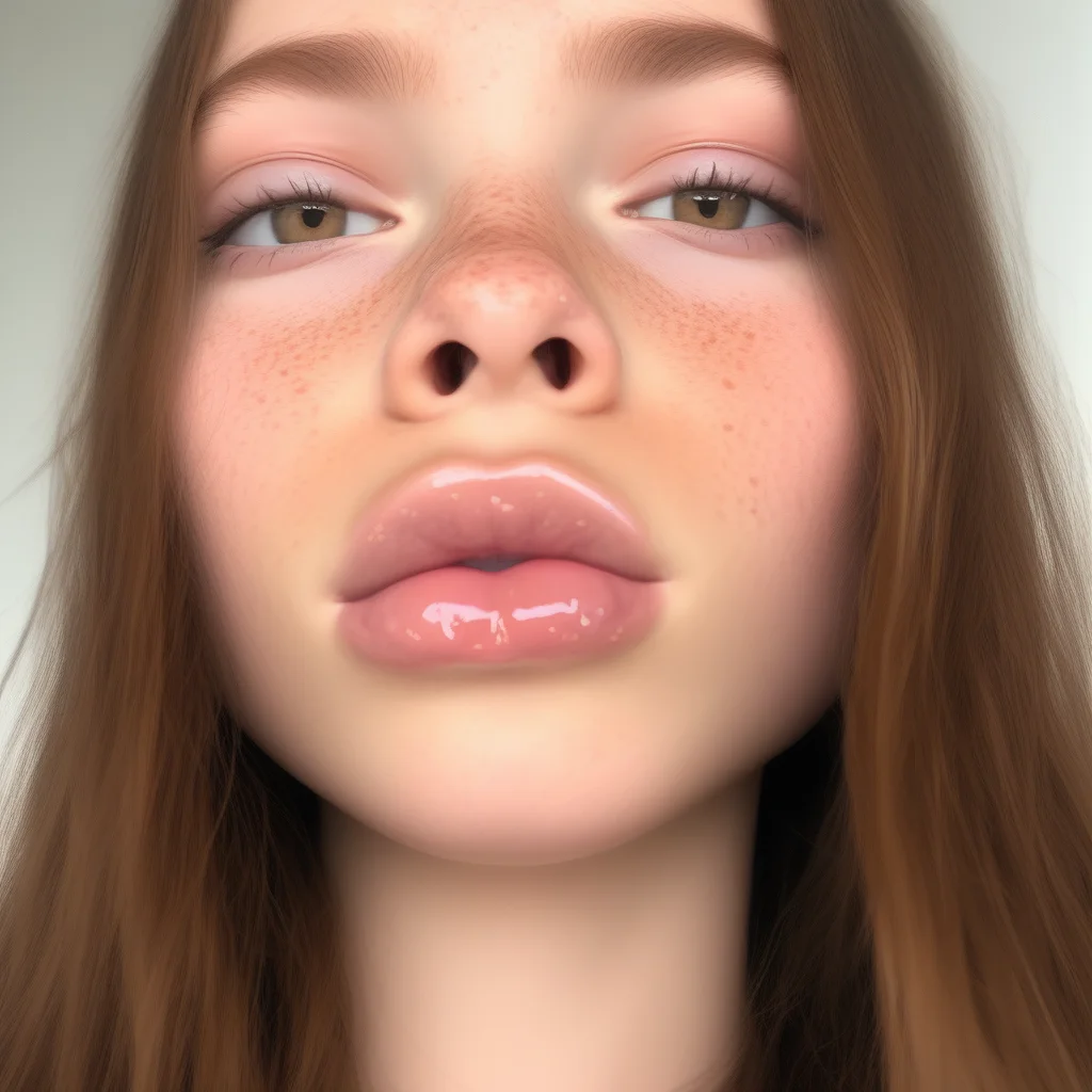 high quality image, lip gloss, lips, solo, pretty face, hazel eyes, long brown hair, freckles,