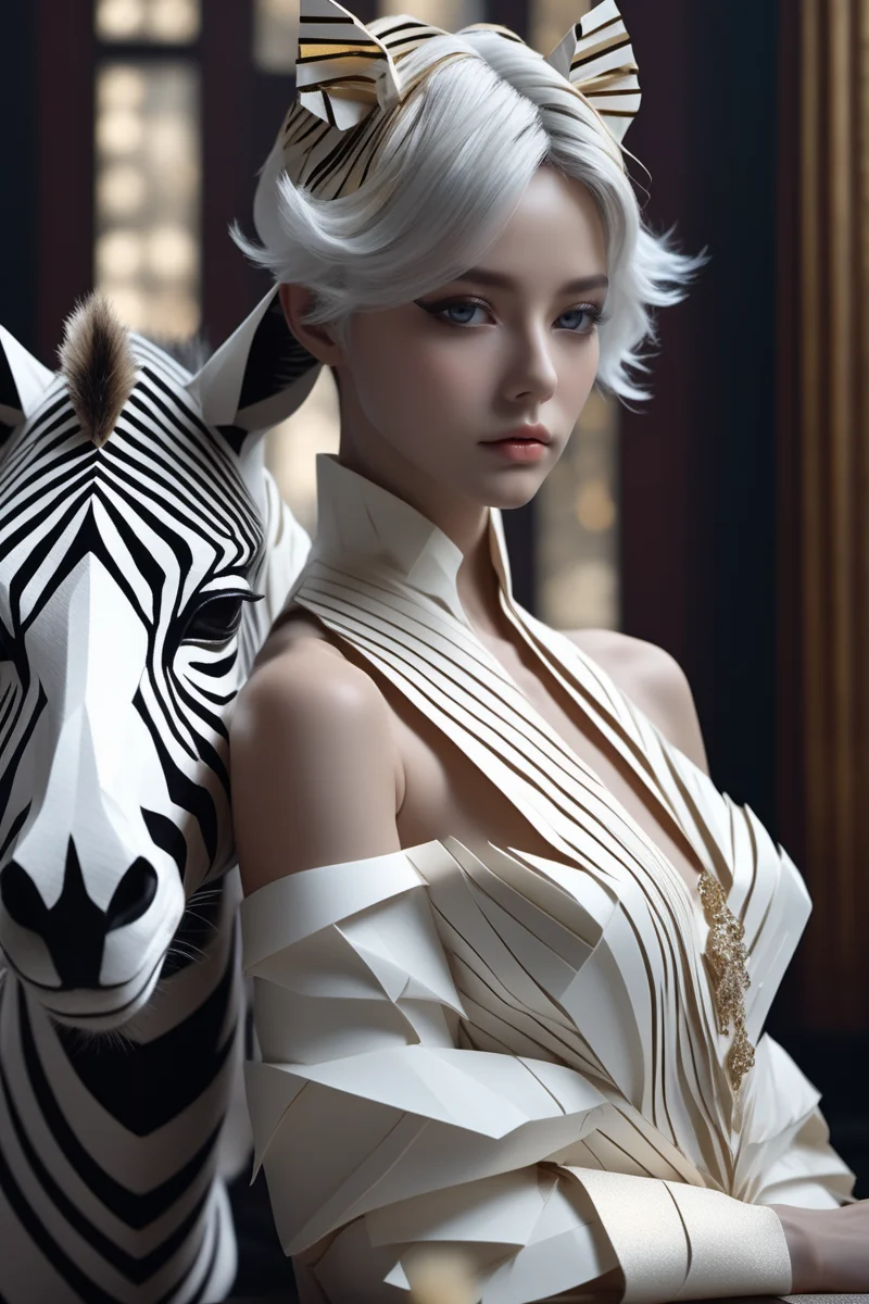 \n(masterpiece,best quality, ultra realistic,32k,RAW photo,detailed skin, 8k uhd, dslr,high quality:1.3), film gain, origami style \n1lady, Bare shoulder, Alabaster hair, short hair, zebra print Skinny jeans and button-down shirt,Grilled meat . paper art, pleated paper, folded, origami art, pleats, cut and fold, centered composition, a symbol, a copy of a facsimile, never one - to - one, creation is in the entropy. mandala - yin - yang this side the hyperplane, seeing all sides a bit insane, perfect glass diamond a prison prisms light, sheen shine divine a mirror - box plight. also, a fursuit., (coloful,\ud83c\udf08:1.1), by karol bak, tom bagshaw, rococo, sharp focus, trending on artstation, cinematic lighting, hyper realism, octane render, 8 k, hyper detailed